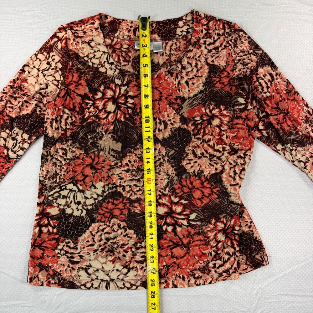 Chico's Travelers Womens Floral Top Size 3 XL 3/4 Sleeve Brown Coral Knit Blouse - Picture 2 of 9